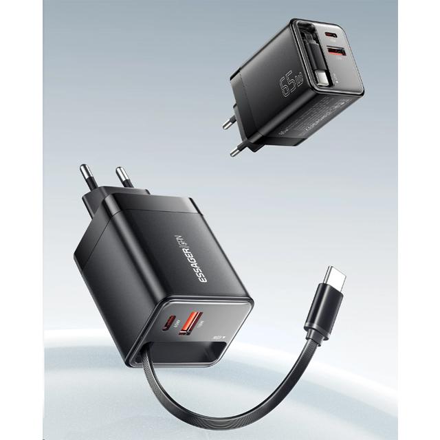 Essager 65W GaN Charger with Retractable Cable PD Fast Charging for Laptop Macbook iPhone 16 15 14 Xiaomi Type-C Phone Charger