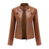 Ladies Autumn Winter Stand Collar Long Sleeve Slim Leather Pu Jacket S-3XL
