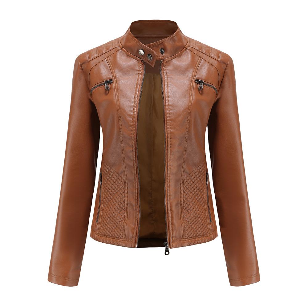Ladies Autumn Winter Stand Collar Long Sleeve Slim Leather Pu Jacket S-3XL