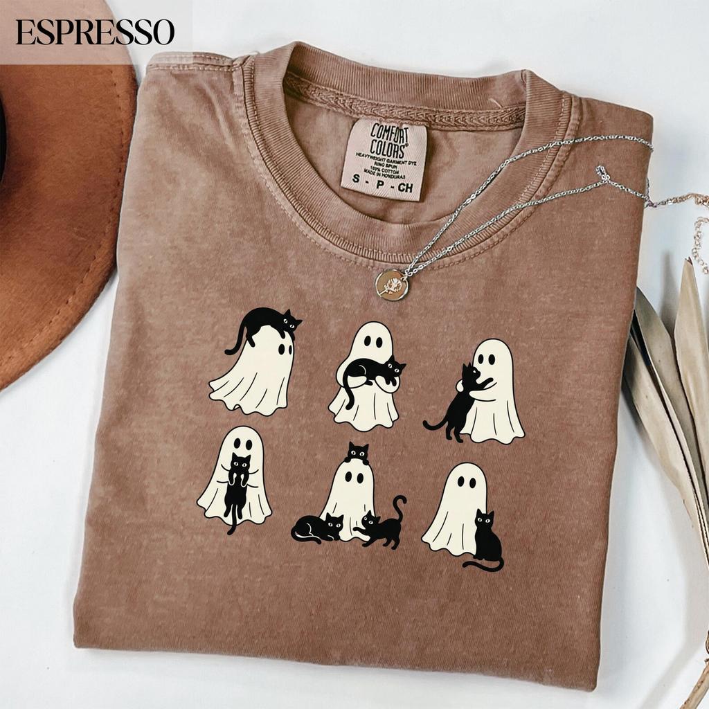 Comfort Colors® Ghost Cats Black Cat Halloween Shirt, Spooky Ghost Hugging Kittens Pet Lover Tee, Funny Feline Ghost Apparel, Ghost Cat Top
