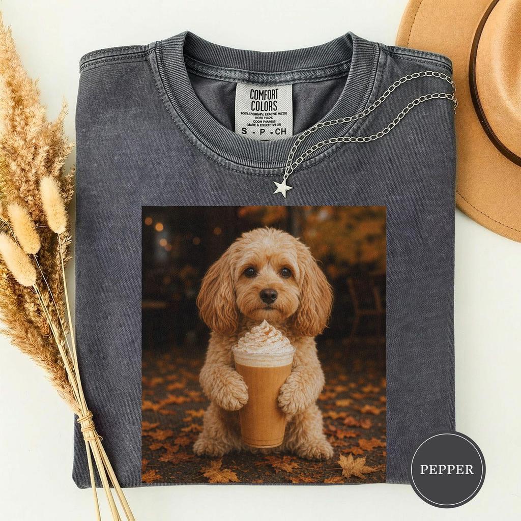 Funny Cavapoo Pumpkin Spice Latte Tee, Dog Meme Graphic Tee, Cavapoo Mom Gift, Fall Coffee Lover Shirt, 90s Vintage Style, Dog Mom Gift
