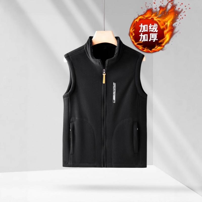 Mens Fleece Vest Thick Warm Loose Fit Stand Collar Zipper Front Multi-Pocket Outdoor Sport Utility Fall Winter
