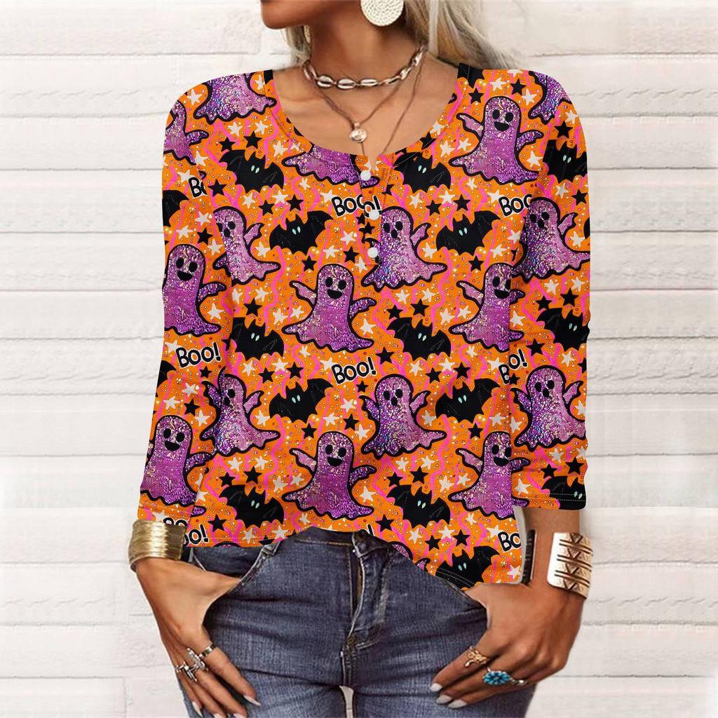 Рубашки с длинным рукавом для женщин, Хэллоуин с рисунком и графическим принтом, футболки, блузки, повседневные базовые топы больших размеров, пуловер