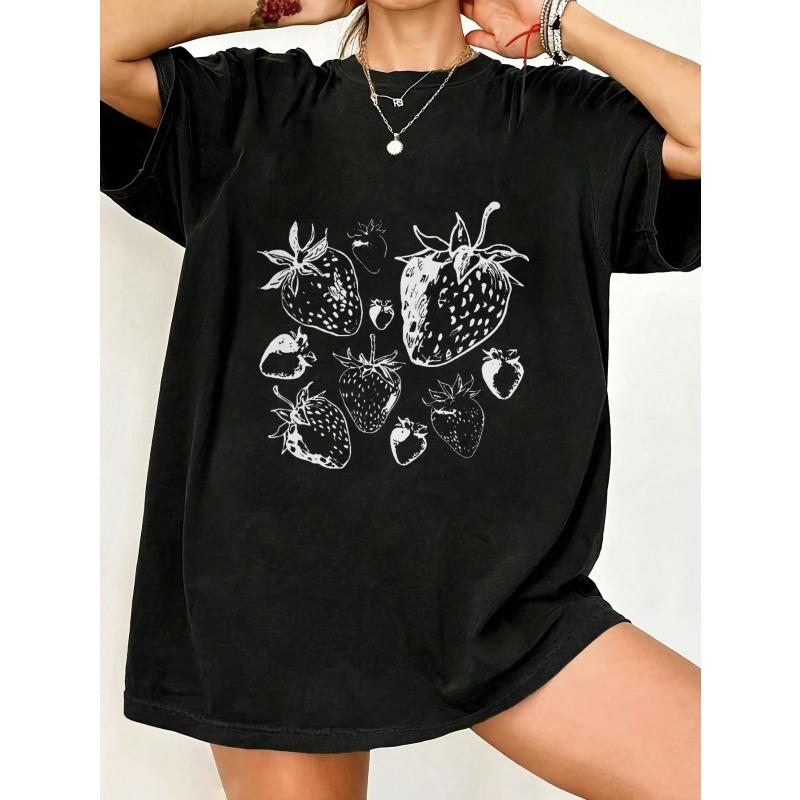 Black Oversized T Shirt With Strawberry Print For Casual Wear