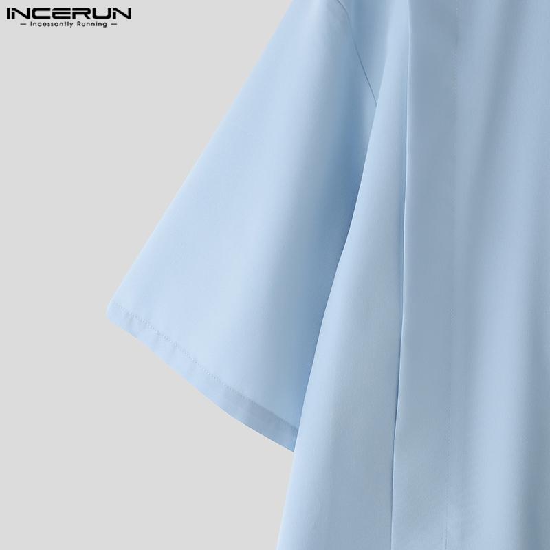 INCERUN Большие мужские рубашки с завязками на шее и коротким рукавом, однотонные, повседневные, с высоким и низким вырезом