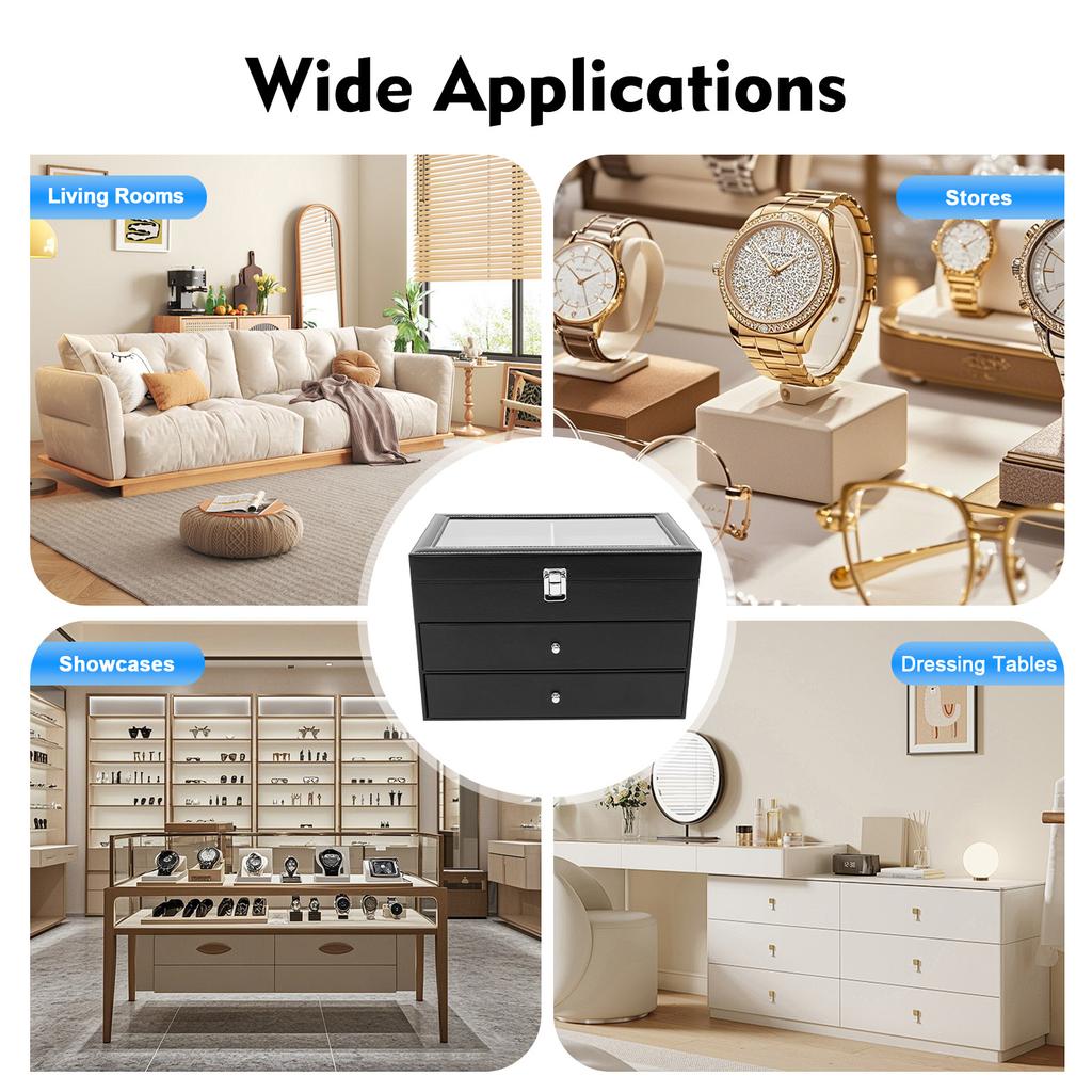 Коробка для часов с 24 ячейками, стеклянная крышка, 3-уровневый дисплей-кейс, органайзер-держатель для часов и очков, с замком для коллекционеров