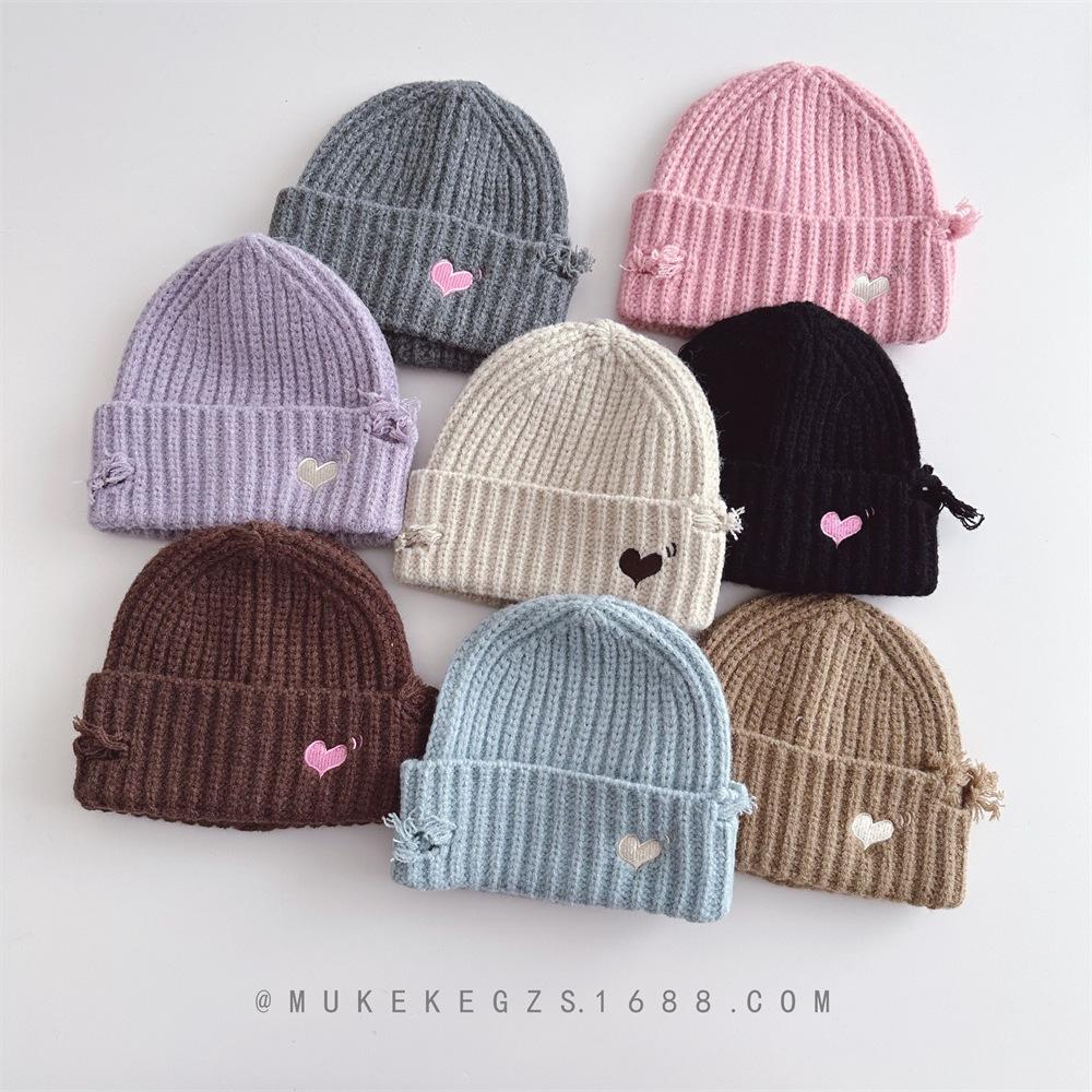 Children, Knitted Hats, Autumn and Winter, Holes, Heart-shaped Embroidery, Boys and Girls, Warm Hats, Woolen Hats