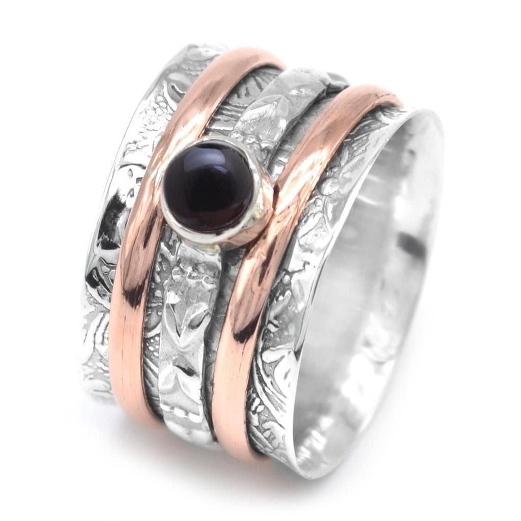 Sterling Silver Copper Ring Round Cabochon Spinner Stone Ring Natural Black Onyx Gemstone 6.5 Gms