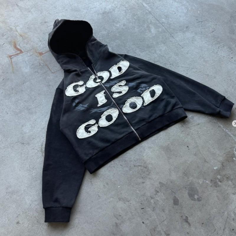 Unisex Oversized Hooded Sweatshirt With 3D Embroidered Letter Patch Streetwear Loose Fit Zipper Front