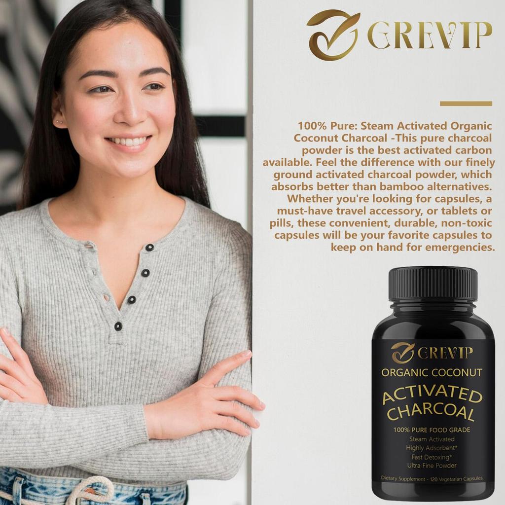 Organic coconut charcoal capsules, coconut shell charcoal, nutritional supplement, all-natural, suitable for adults.