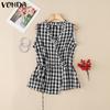 Women Ruffled Sleeveless Front Cross Plaid Print Casual Tank Tops