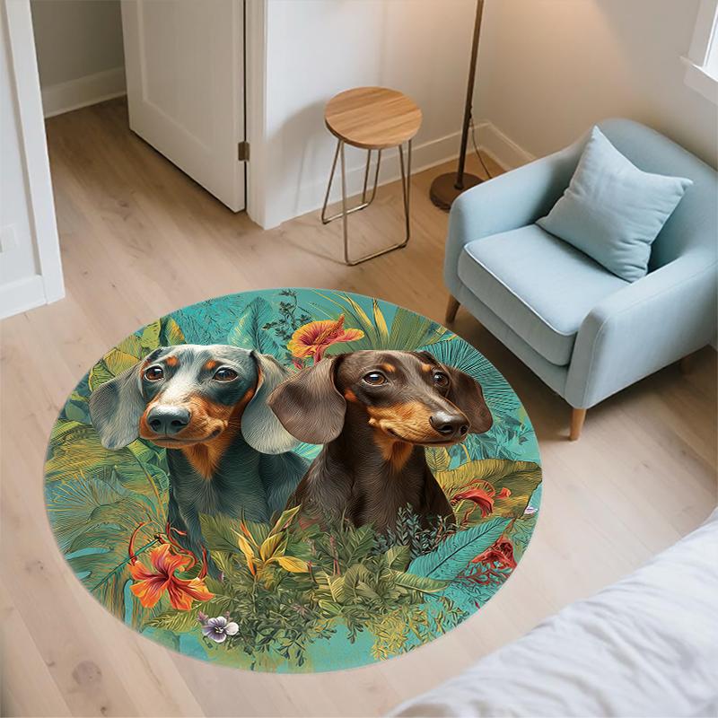 Dachshund and Plants pattern round rug,Carpet Rug for Living Room Bedroom  Playroom ,Non-slip Floor Mat,Holiday Gifts and Birthday Gifts.