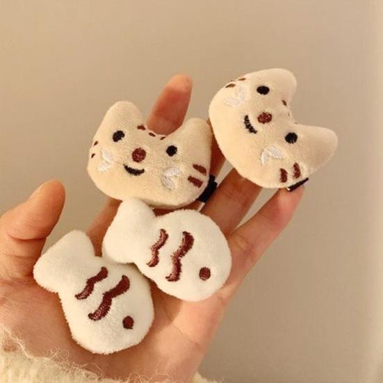 4 шт. Заколка для волос для девочки, мини-плюшевая, дизайн кошки и рыбы, надежная фиксация, заколка для волос, боковая