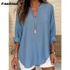 Women's Fall and Winter V-neck Cotton Linen Large Size Shirt