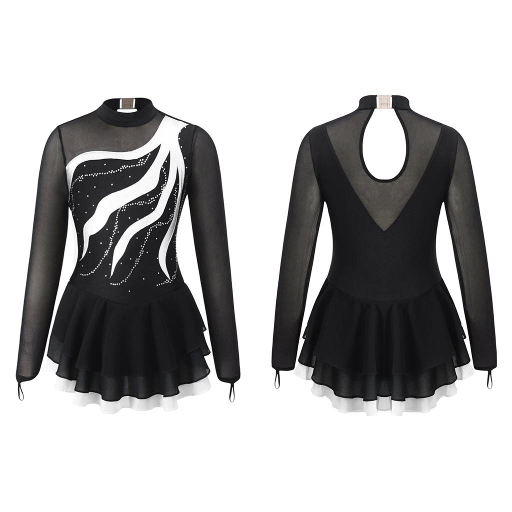 Детское платье для фигурного катания с длинным рукавом и стразами, с открытой спиной и расклешенной юбкой