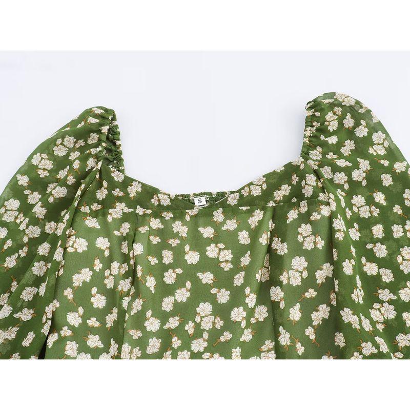 Kaslead New Arrival Women's Clothing Fashion Style Fashion Minimalist Square Collar Floral Long-Sleeved Pleated Dress