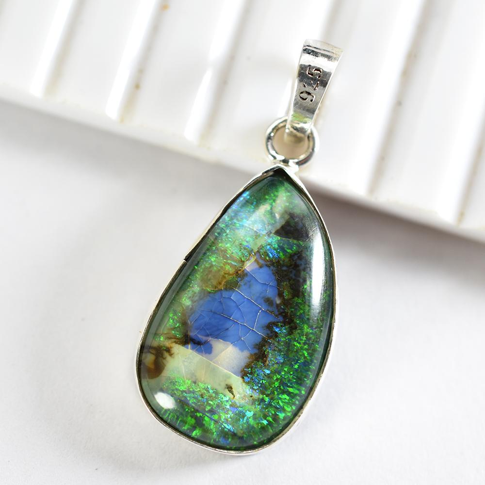 Certified Natural Aurora Opal 25.65 Ct 925 Sterling Silver Pendant best Gift