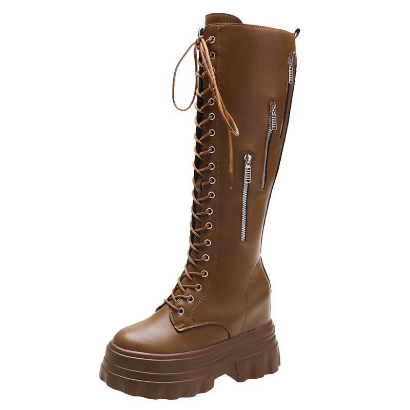 Модные осенне-зимние новые сапоги с высоким каблуком, стройнящие, женские, до колена, на ремешках, на среднем каблуке, на толстом каблуке, женские сапоги