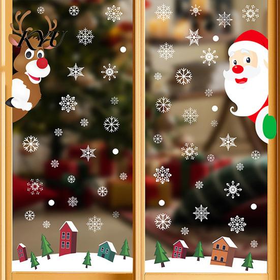 Removable Window Stickers 4Pcs Christmas Santa Claus & Reindeer Static Clings with Snowflake, PVC Decals, Festive Storefront Decor Reusable Glass for