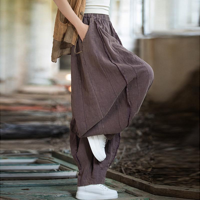 Women Vintage Ramie Pants Solid Color Loose Ramie Trouser Spring Elastic Waist Pockets Women Long Pants