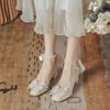 2025 Summer New Double-row Pearl Anti-high Heels Ribbon Fairy High-end Apricot Super Fairy Temperament Single Shoes