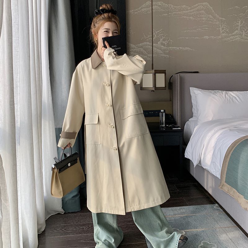 Ветровка с роговыми пуговицами, женская, средней длины, весна-осень, корейский стиль, свободный дизайн, повседневное пальто в студенческом стиле