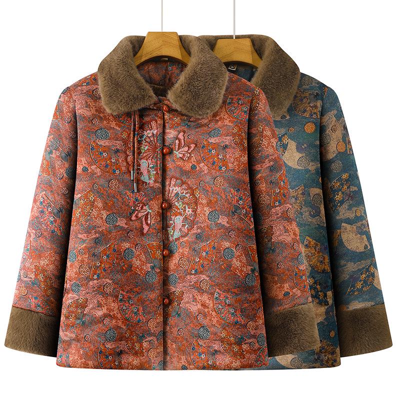 Winter Plus Velvet Coat for Middle-Aged and Elderly Women, Elegant Chinese Style Mother's Clothing, Warm Thick Cotton Jacket.