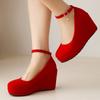 Platform Women's Wedge High Heels Wedding Shoes 2025 New Strap Spring Fashion Flock Black Red Heeled Party Office Dance Shoes