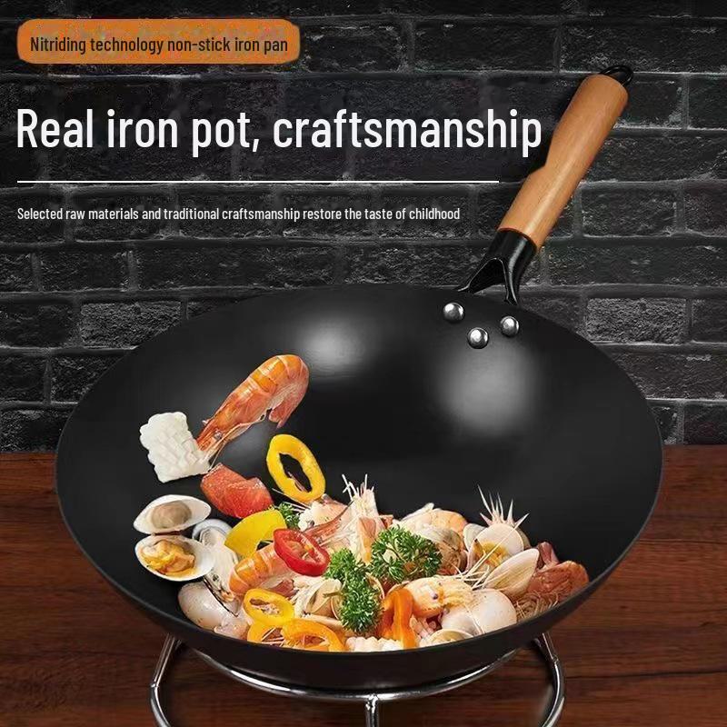 Nitrided Round Bottom Frying Pan: Old-Fashioned, Non-Stick, Rust-Resistant Iron Pot.