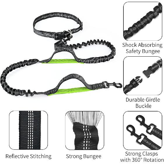 Hands Free Dog Leash with Zipper Pouch, Retractable Bungee Waist Leash with Dual Padded Handles & Waist Belt Fanny Pack for Medium & Large Dog