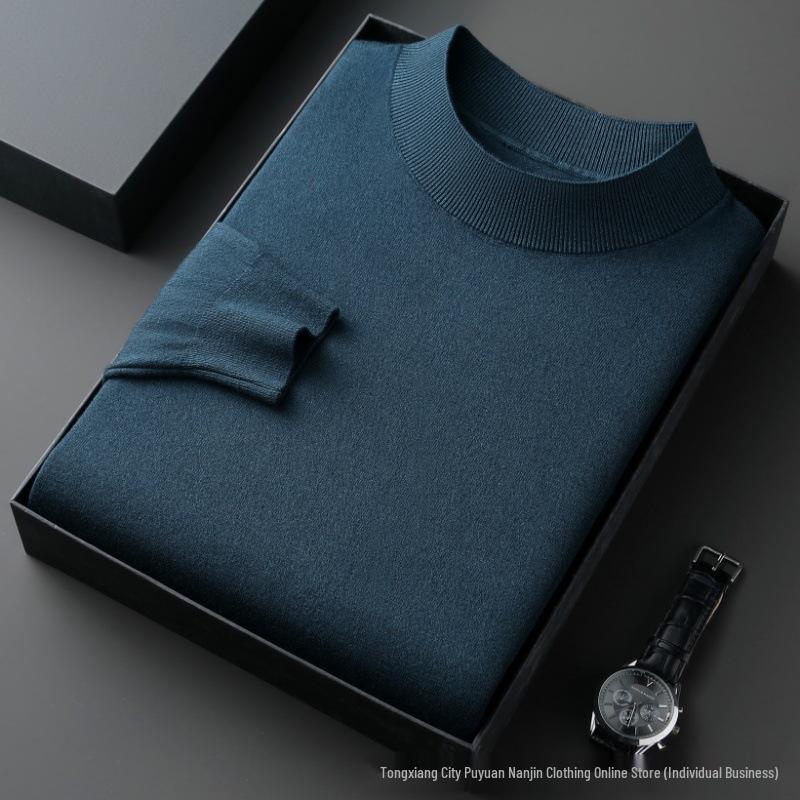 Men's Fine-Gauge Knit Long-Sleeve Mock Neck Sweater - Thickened, Warm, Solid Color Base Layer