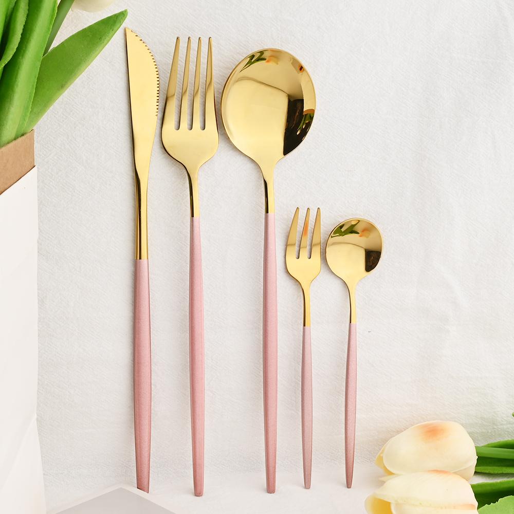 6People Gold Cutlery Set Mirror Stainless Steel Dinnerware Set Knife Cake Fork Tea Spoon Silverware Flatware Party Western Kitchen Tableware