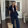 2 Pcs/Set Summer Women Shirt Pants Set Cargo Style Short Sleeves Lapel Button-down Drawstring Blouse Elastic Waist Trousers with Side Pockets Pantsuit