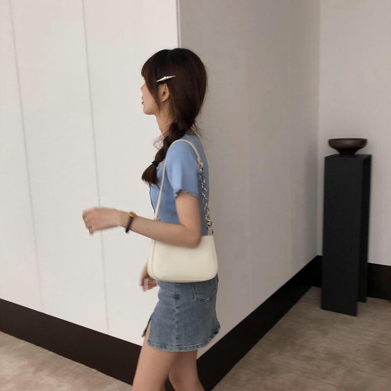 2020 Trendy Black Stitch Underarm Baguette Bag: European & American Style PU Shoulder Handbag for Women