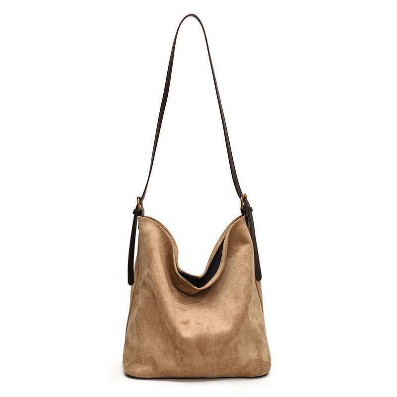 Ielgy Lazy Style Suede Large Capacity Bucket Bag Retro Casual Tote One-Shoulder Diagonal Large Bag