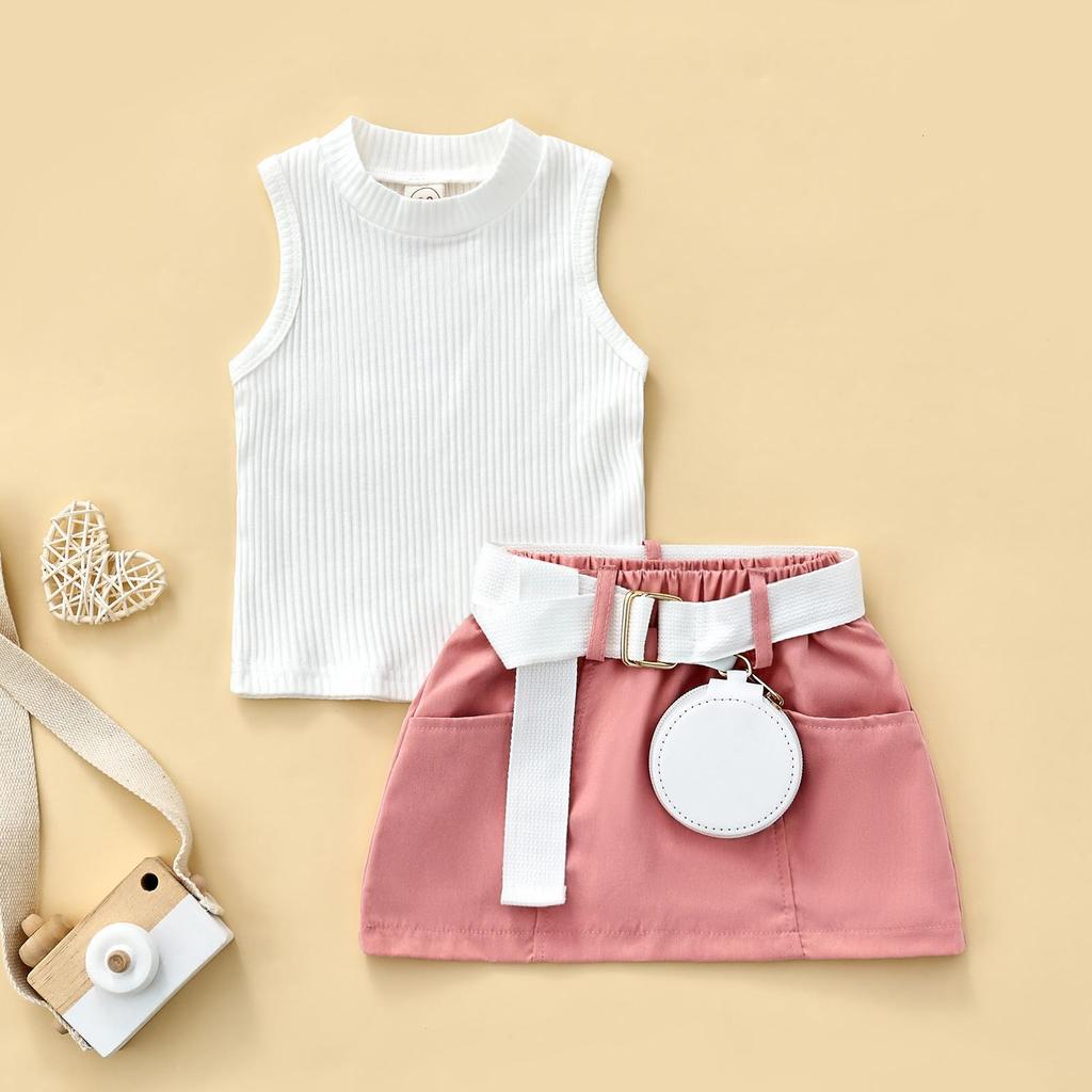 Детская летняя юбка для девочек, однотонные топы на бретелях без рукавов и повседневная мини-юбка с карманами и поясная сумка