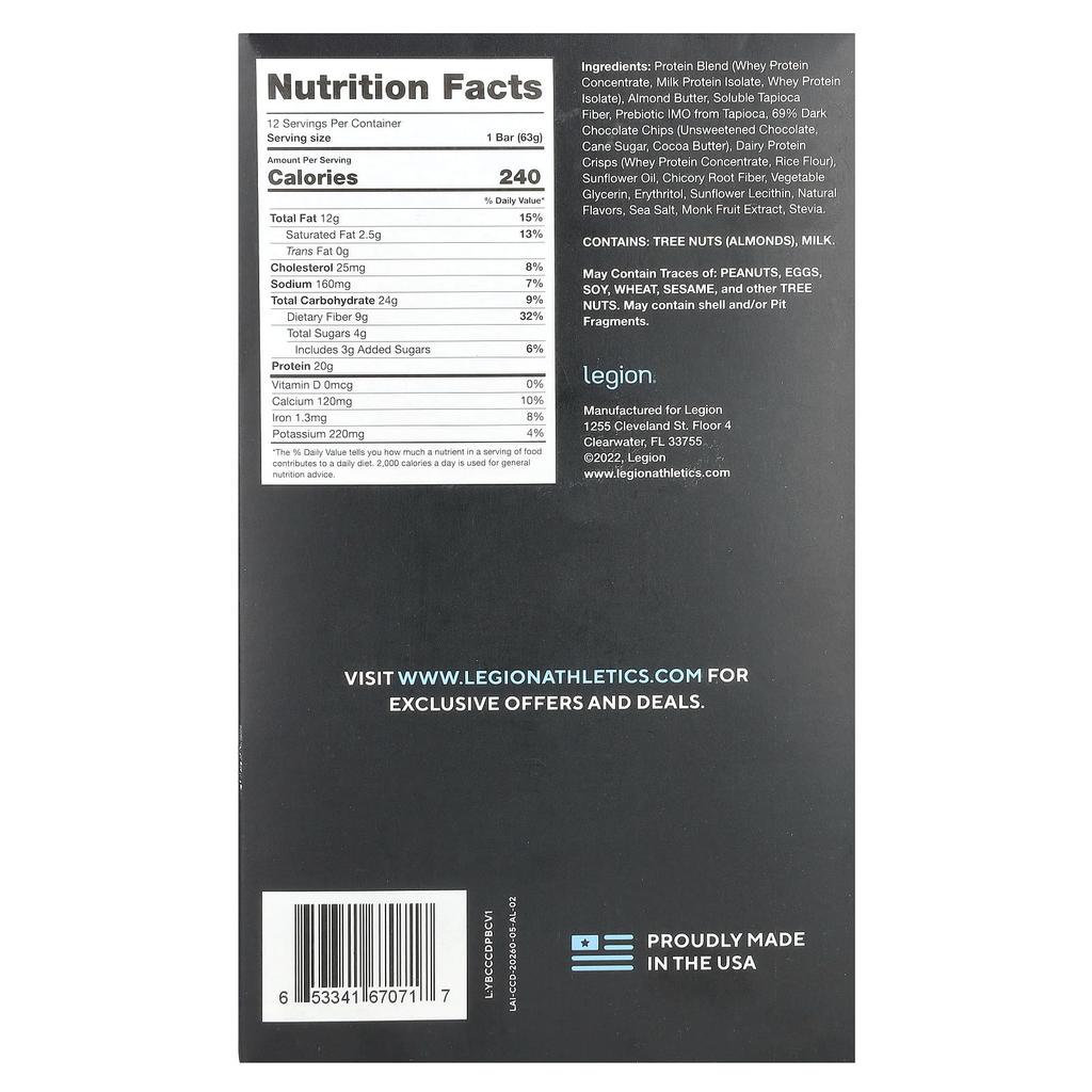 Legion Athletics Protein Bar, Chocolate Chip Cookie Dough, 12 Bars, 2.22 Oz (63 G) Each