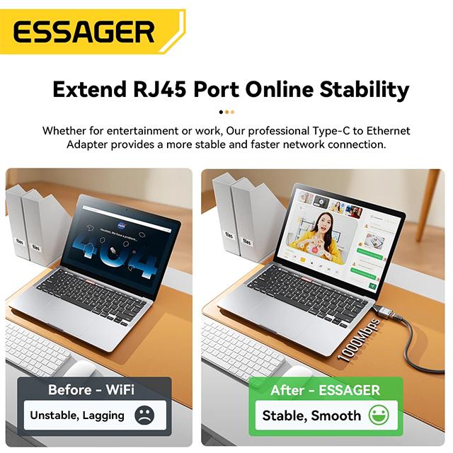 Адаптер Essager Type-C к Ethernet 100/1000 Мбит/с, высокоскоростной гигабитный адаптер RJ45 к Type-c для проводной сетевой карты ноутбука MacBook
