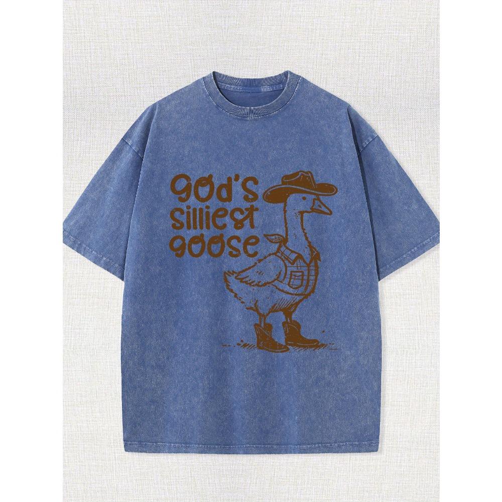 Мужская футболка из 100% хлопка с эффектом ретро-стирки – Смешной графический принт "Божий глупый гусь", Короткий рукав, Дышащая для лета