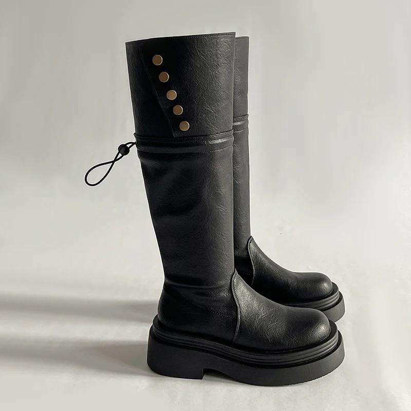 Мода Винтаж Платформа Женские Сапоги До Колена Модные Слип-Он Рыцарь Длинные Ботильоны Квадратный Каблук Туфли Largas De Mujer
