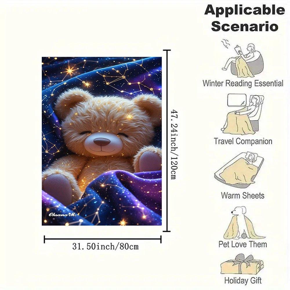 "Starry Night Teddy Bear Plush Toy - Celestial Comfort"Blanket Flannel Throw Blanket for Sofa, Bed, Travel, Camping, Office, Couch, Chair, A