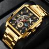 Mens Square Waterproof Sports Quartz Watch Stainless Steel Top Brand Luxury Casual Men Business Wristwatch Gold