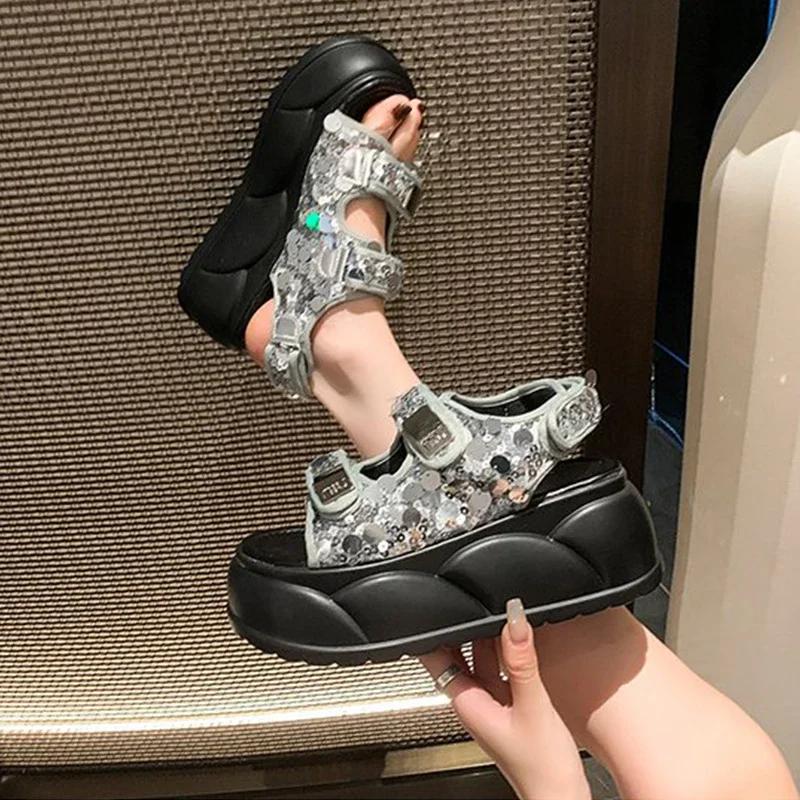 Fashion Summer Sandals Bling Leather High Platform Trainers Breathable Casual Slippers Shoes Woman 7CM Heels Wedge Sneakers Zhuoya31505