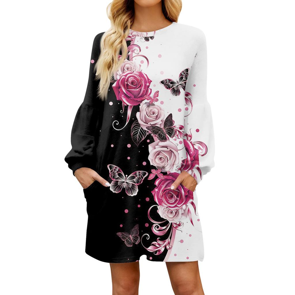 Модное женское осеннее повседневное свободное платье с цветочным принтом и длинным рукавом