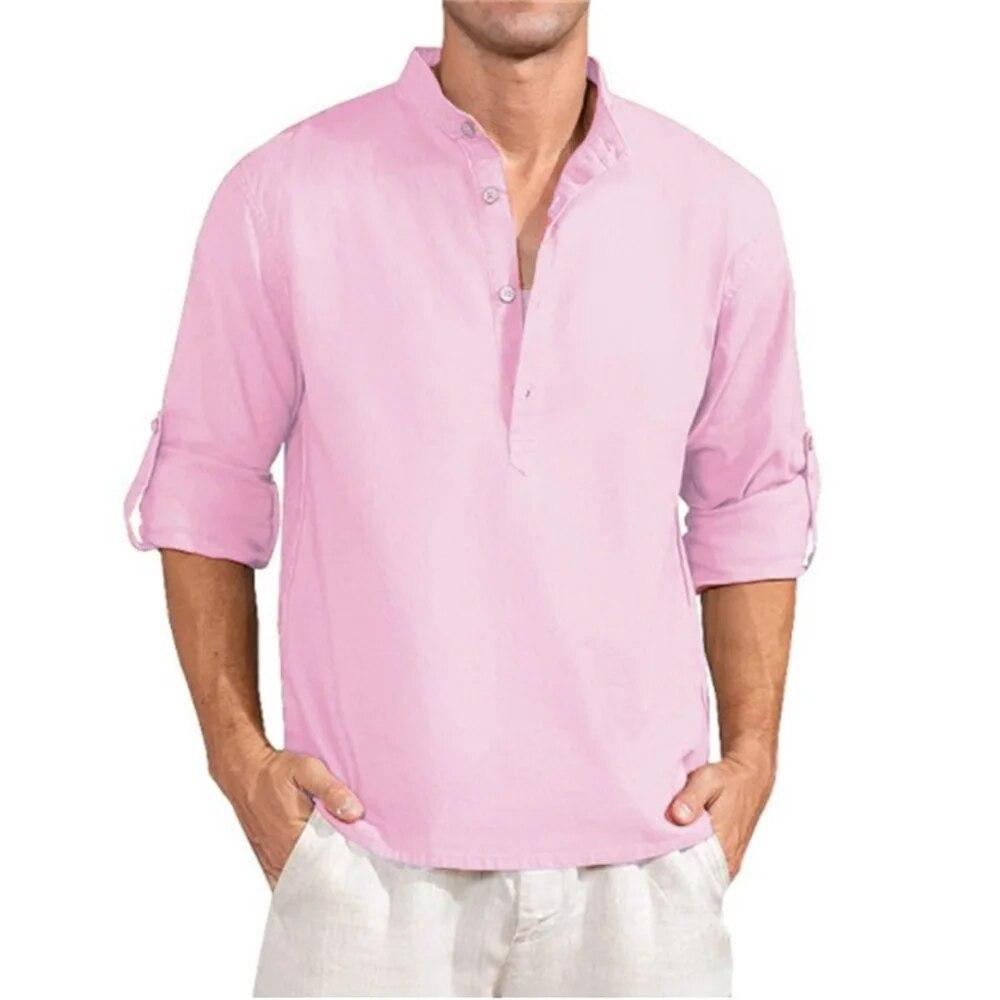 Весенне-летняя мужская льняная футболка с длинным рукавом, свободные однотонные топы, повседневная дышащая хлопковая льняная рубашка