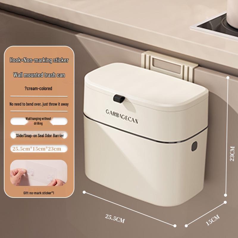 Kitchen Hanging Trash Can, Cream White Wall-Mounted with Lid, No-Marking Sticker, Household Cupboard Waste Basket.