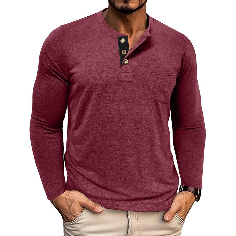 Мужская повседневная футболка-henley с длинным рукавом, color block