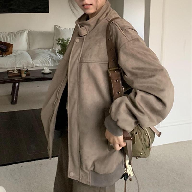 Unisex Retro Suede Autumn/Winter Jacket - Loose Fit, Slimming, Versatile, Trendy Stand-Up Collar, Cotton-Padded Workwear Design.