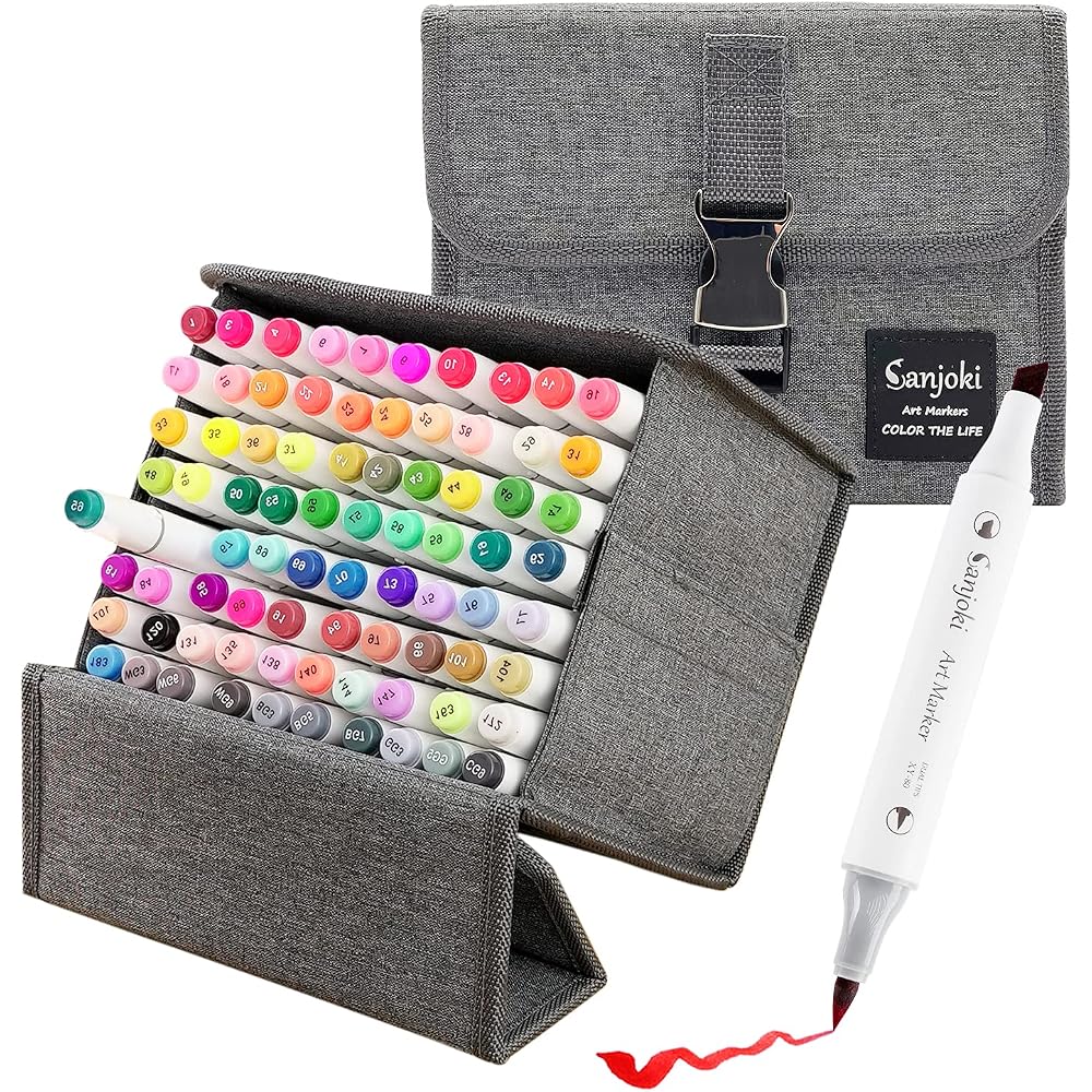 Sanjoki Marker Pen Soft Brush 80 Colors Dual Tip Fine and Broad Hobby Art Supplies with Carrying Case