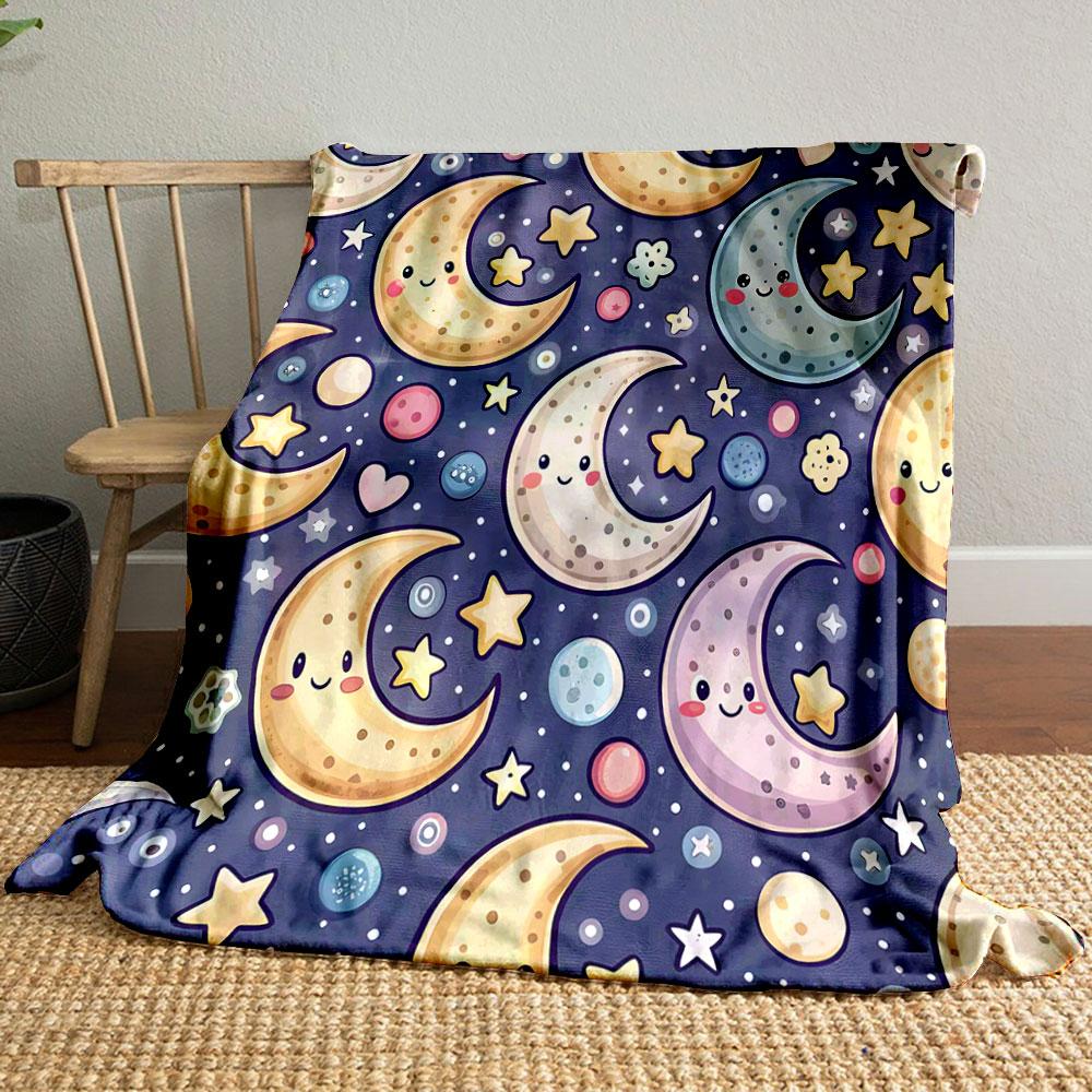 Cute Smiling Moons and Stars Pattern Patterned blanket, flannel, suitable for all seasons, home decor, warm and cozy